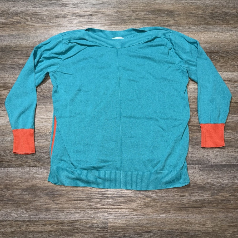 Belle By Kim Gravel Womens Blouse Size XL Turquoise Blue Peach Trim Oversize